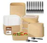 LYCN 50Pcs Kraft Paper Food Container, 850ml Rectangular Meal Prep Containers with Lids, Oil and Water Resistant Kraft Paper Salad Bowl for Takeaway Hot/Cold Food, Microwave Freezer Safe (850ml)
