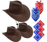 LYCN 6 Pack Cowboy Hats with Bandana, Western Hat Bulk with Adjustable Drawstring, Wide Brim Felt Hat Set for Men Women Dress Up Celebrating Party Cosplay (Brown)