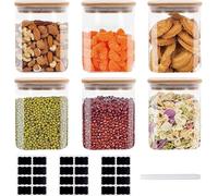 LYCN 6 Pack Glass Food Storage Containers with Airtight Lids, 17oz/500ml Square Glass Jar with Bamboo Lid, Kitchen Pantry Organizer Canister Set for Cookie Sugar Tea Coffee Nut Spice (Labels + Pen)
