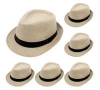 LYCN 6 Pack Short Brim Fedora Hats, Panama Straw Hats Bulk for Men & Women,1920s Sun Hat Trilby Hat for Beach Party Costume (Beige)
