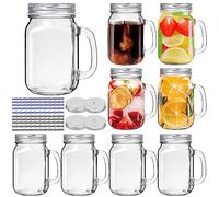 LYCN 9 Pack Mason Jars with Handle, 16oz Glass Mason Jar Mug, Wide Mouth Clear Glass Drinking Jars with Silver Lids & Straws for Juice, Smoothies, Cocktails, Beverages