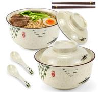LYCN Ceramic Ramen Bowl Set of 2, 27oz/800ml Large Japanese Noodle Bowls with Spoons and Chopsticks, Retro Porcelain Soup Bowls for Salad, Rice, Pho and Pasta, Microwave & Dishwasher Safe