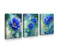 Lycosidae 3-Panel Canvas Wall Art Pictures, 12×16inch Blue Flower Gold - Accent Abstract Print, for Living Room, Bedroom, Office, Hotel, Café, Home Décor