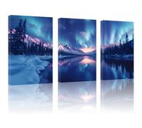Lycosidae 3-Panel Canvas Wall Art Pictures - Aurora Borealis Winter Landscape, for Living Room, Bedroom, Office, Hotel, Café, Home Decor 12×16Inch