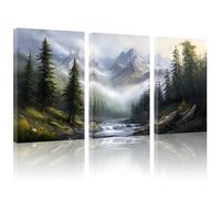 Lycosidae 3-Panel Canvas Wall Art Pictures - Misty Mountain Forest Landscape, for Living Room, Bedroom, Office, Hotel, Café, Home Decor 12×16inch