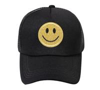 lycycse Womens Trucker Hat Mesh Neon Preppy Hats with Sequins Smile Patch Y2K Hat Retro Baseball Cap, Black, 7/ 7 1/2