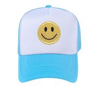 lycycse Womens Trucker Hat Mesh Neon Preppy Hats with Sequins Smile Patch Y2K Hat Retro Baseball Cap, Blue, 7/ 7 1/2