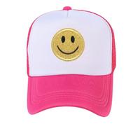 lycycse Womens Trucker Hat Mesh Neon Preppy Hats with Sequins Smile Patch Y2K Hat Retro Baseball Cap, Pink/White, One Size