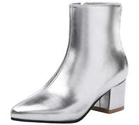 Lydee Women Fashion Ankle Boots Block Mid Heels Zipper Bootie Boots Pointed Toe Party Autumn Shoes Metallic Silver Size 39
