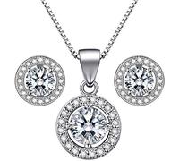 Lydreewam 925 Sterling Silver Women Necklace Earrings Jewellery Set with 3A 6mm Round Cubic Zirconia Gift Box for Valentine's Day Mother's Day Birthday