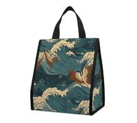LYDSKGEQ 10L Insulated Lunch Bag with Pocket Collapsible Leakproof Japan Wave Wallpapers Cooler Bag for Work Picnic Travel Gym Beach Reusable Thermal Bags Lightweight Foldable Lunch Tote for Snack