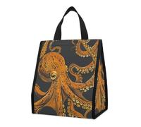 LYDSKGEQ 10L Insulated Lunch Bag with Pocket Collapsible Leakproof Orange Octopus Pattern Cooler Bag for Work Picnic Travel Gym Beach Reusable Thermal Bags Lightweight Foldable Lunch Tote for Snack