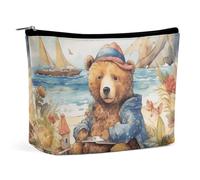 LYDSKGEQ Bear on The Beach Makeup Bag Wide-Open Travel Bag Organizer for Toiletry Make Up Cosmetic Waterproof Portable Zipper Pouch Purse Lightweight Small Makeupbag Gift for Women Girl