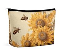 LYDSKGEQ Bees And Sunflowers Makeup Bag Wide-Open Travel Bag Organizer for Toiletry Make Up Cosmetic Waterproof Portable Zipper Pouch Purse Lightweight Small Makeupbag Gift for Women Girl