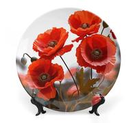 LYDSKGEQ Decorative Plates for Wall Hanging 10inch Large Porcelain Bone China Plate with Display Stand Personalized Ceramic Vivid Poppy Flowers Art Dish for Office Corridor Wedding Party