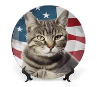 LYDSKGEQ Decorative Plates for Wall Hanging 10inch Large Porcelain Bone China Plate with Display Stand Personalized Ceramic Cat Usa Flag Art Dish for Office Corridor Wedding Party