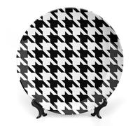 LYDSKGEQ Decorative Plates for Wall Hanging 10inch Large Porcelain Bone China Plate with Display Stand Personalized Ceramic Houndstooth Black Art Dish for Office Corridor Wedding Party