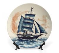 LYDSKGEQ Decorative Plates for Wall Hanging 6inch Large Porcelain Bone China Plate with Display Stand Personalized Ceramic Nautical Sailboat Art Dish for Office Corridor Wedding Party