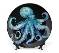 LYDSKGEQ Decorative Plates for Wall Hanging 6inch Large Porcelain Bone China Plate with Display Stand Personalized Ceramic Blue Watercolor Octopus Art Dish for Office Corridor Wedding Party