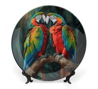 LYDSKGEQ Decorative Plates for Wall Hanging 6inch Large Porcelain Bone China Plate with Display Stand Personalized Ceramic Two Colored Parrots Art Dish for Office Corridor Wedding Party