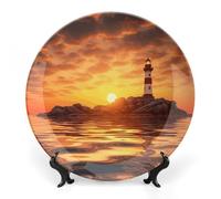 LYDSKGEQ Decorative Plates for Wall Hanging 6inch Large Porcelain Bone China Plate with Display Stand Personalized Ceramic Sea Lighthouse Sunset Art Dish for Office Corridor Wedding Party