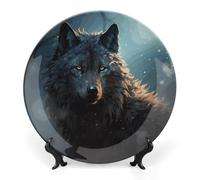 LYDSKGEQ Decorative Plates for Wall Hanging 6inch Large Porcelain Bone China Plate with Display Stand Personalized Ceramic Fantasy Wolf Art Dish for Office Corridor Wedding Party