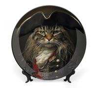 LYDSKGEQ Decorative Plates for Wall Hanging 8inch Large Porcelain Bone China Plate with Display Stand Personalized Ceramic Cat in Pirate Costume Art Dish for Office Corridor Wedding Party
