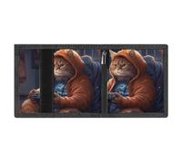 LYDSKGEQ Fat Cat Playing Games Slim Rfid Blocking Trifold Wallet for Men Minimalist Front Zipper Pocket 8 Card Slots 1 Id Window & Key Hook Lightweight Credit Card Holder for Work Traveling