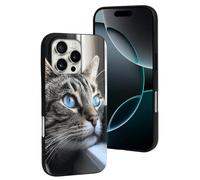 LYDSKGEQ for iPhone 16/Pro Case Soft TPU Shockproof Blue Eyed Cat Protective Phone Cover Cute Cell Phone Case Slim Fit Phonecase for Women Men (Black)