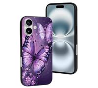 LYDSKGEQ for iPhone 16/Pro Case Soft TPU Shockproof Purple Butterfly Art Protective Phone Cover Cute Cell Phone Case Slim Fit Phonecase for Women Men (Black)