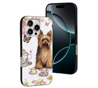 LYDSKGEQ for iPhone 16/Pro Case Soft TPU Shockproof Yorkshire Terrier Tea Party Butterflies Roses Protective Phone Cover Cute Cell Phone Case Slim Fit Phonecase for Women Men (Black)