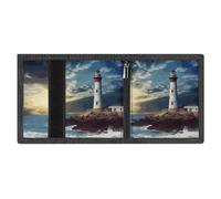 LYDSKGEQ Lighthouse Seaside Slim Rfid Blocking Trifold Wallet for Men Minimalist Front Zipper Pocket 8 Card Slots 1 Id Window & Key Hook Lightweight Credit Card Holder for Work Traveling