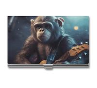 LYDSKGEQ Professional Metal Business Card Holder Ultra Slim, Monkey Playing Guitar Card Case with Magnetic Closure, Name Cards Organizer for Pocket Purse, Wallet Credit Cards Id Case for Men Women