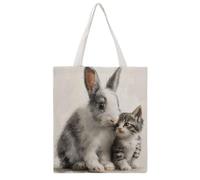 LYDSKGEQ Rabbit And Cat Tote Bags Heavy Duty Cotton Canvas Shopping Bags with Handles 16x15 Reusable Grocery Bag for Women Men Travel Beach Picnic Office Market Beach Carry-All