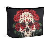 LYDSKGEQ Red Rose Skeleton Makeup Bag Wide-Open Travel Bag Organizer for Toiletry Make Up Cosmetic Waterproof Portable Zipper Pouch Purse Lightweight Small Makeupbag Gift for Women Girl