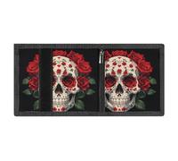 LYDSKGEQ Red Rose Skeleton Slim Rfid Blocking Trifold Wallet for Men Minimalist Front Zipper Pocket 8 Card Slots 1 Id Window & Key Hook Lightweight Credit Card Holder for Work Traveling