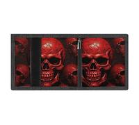 LYDSKGEQ Red Skulls Slim Rfid Blocking Trifold Wallet for Men Minimalist Front Zipper Pocket 8 Card Slots 1 Id Window & Key Hook Lightweight Credit Card Holder for Work Traveling