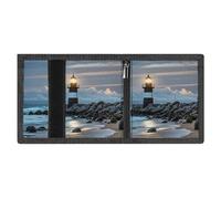 LYDSKGEQ Sea Lighthouse Slim Rfid Blocking Trifold Wallet for Men Minimalist Front Zipper Pocket 8 Card Slots 1 Id Window & Key Hook Lightweight Credit Card Holder for Work Traveling