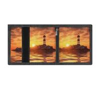 LYDSKGEQ Sea Lighthouse Sunset Slim Rfid Blocking Trifold Wallet for Men Minimalist Front Zipper Pocket 8 Card Slots 1 Id Window & Key Hook Lightweight Credit Card Holder for Work Traveling