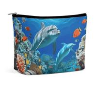 LYDSKGEQ Seabed Coral Fish Dolphins Makeup Bag Wide-Open Travel Bag Organizer for Toiletry Make Up Cosmetic Waterproof Portable Zipper Pouch Purse Lightweight Small Makeupbag Gift for Women Girl
