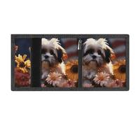LYDSKGEQ Shih Tzu Dog And Flowers Slim Rfid Blocking Trifold Wallet for Men Minimalist Front Zipper Pocket 8 Card Slots 1 Id Window & Key Hook Lightweight Credit Card Holder for Work Traveling