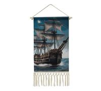 LYDSKGEQ Short Vertical Pirate Ship Tapestry Wall Hanging Decor Tassels Handmade Boho Custom Flag Tapestries Hanging Tapestry for Wall Bedroom Living Room Dorm Apartment 19.6x10 Inch
