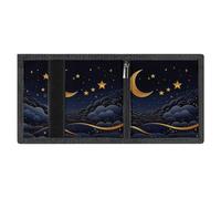 LYDSKGEQ Stars And Moon Slim Rfid Blocking Trifold Wallet for Men Minimalist Front Zipper Pocket 8 Card Slots 1 Id Window & Key Hook Lightweight Credit Card Holder for Work Traveling
