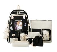 LYEAA 5Pcs Canvas School Backpack Combo Set, Kawaii Rucksack for Girls Student, Large Capacity Cute Aesthetic Travel Backpack Japanese Harajukue School Bag w/ Accessories, Black, 43CMx30CMx13CM