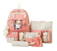 LYEAA 5Pcs Canvas School Backpack Combo Set, Kawaii School Backpacks for Girls Student Laptop Bookbags Cute Aesthetic Travel Backpack(Pink), 43x30x13cm