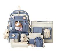 LYEAA 5Pcs Canvas School Backpack Combo Set, Kawaii School Backpacks for Girls Student Laptop Bookbags Cute Aesthetic Travel Backpack(Blue), 43x30x13cm