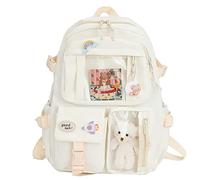 LYEAA Kawaii Backpack with Pins & Plush Animal Pendant, Women Girl Preppy Style PVC Patchwork Clear Backpack School Bag Large Capacity Rucksack Handbags (Style D, Beige)