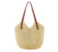 LYEAA Straw Bag Handbag Large Capacity Summer Beach Bag for Women Rattan Shoulder Handbag Straw Woven Tote Bamboo Handbag Wicker Bag Holiday Travel for Mothers Gift, beige