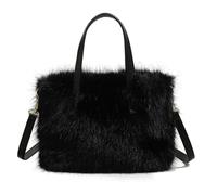 LYEAA Women Faux Fur Shoulder Bag Fluffy Clutch Purse Adjustable Strap Mini Tote Bag Solid Color Satchel Purse for Travel Party (Black)
