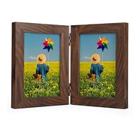 Lyeasw Double Hinged 3.5x5 Picture Frame, Rustic Two Opening 3.5 by 5 Photo Frame with Glass, Brown Folding Frame for Tabletop or Desk Standing